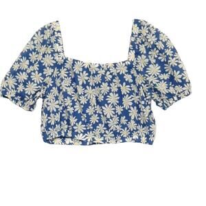 NWT American Eagle Crop Top Sz XL Blue Daisy Print Puff Sleeves Square Neck